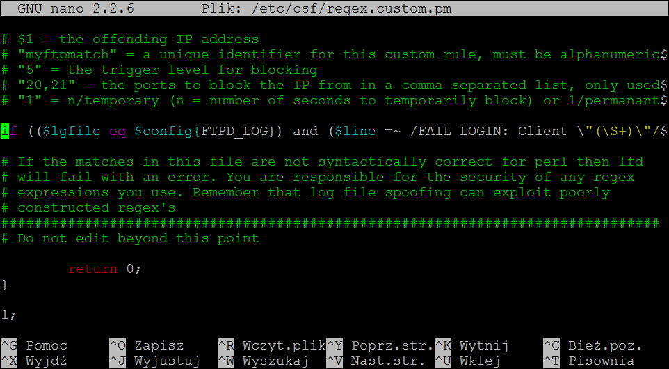 Debian - CSF - regex.custom.pm - nano
