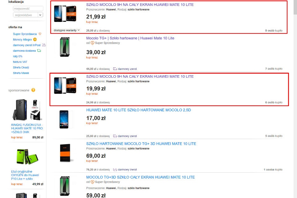 oferty Allegro - szkło Mocolo Huawei Mate 10 Lite