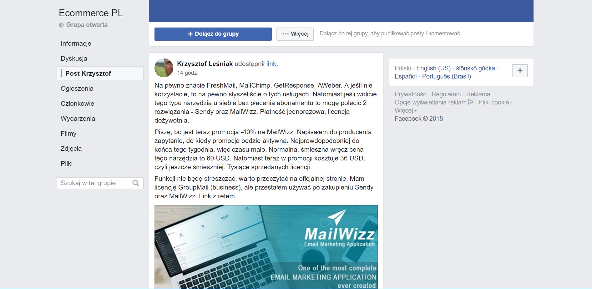 Facebook post MailWizz promocja