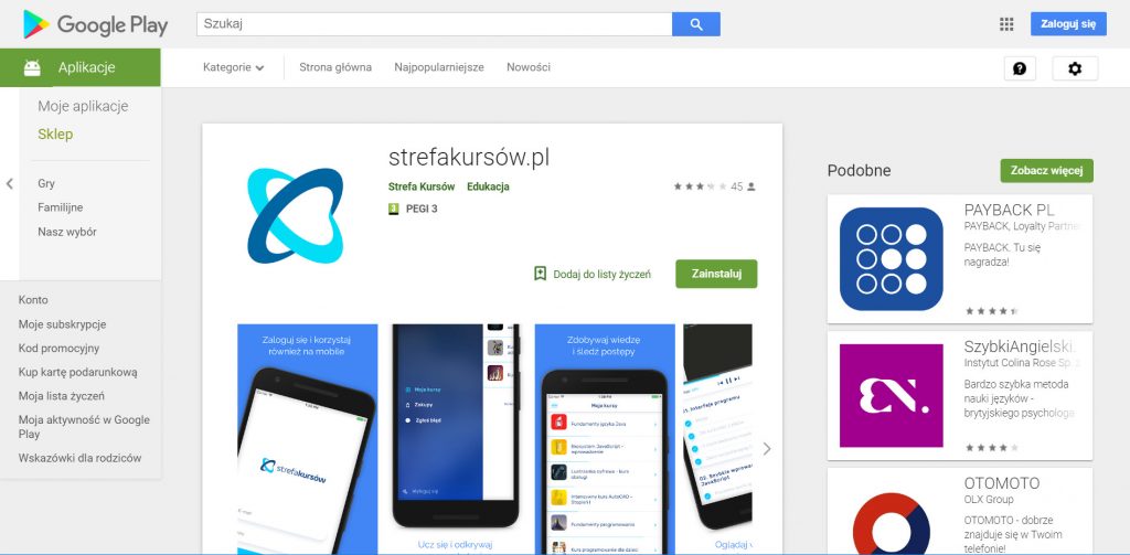 Aplikacja android Strefy Kursów