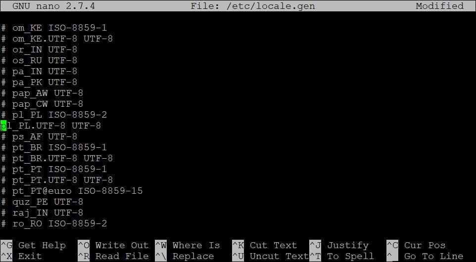 Debian edycja pliku locale.gen