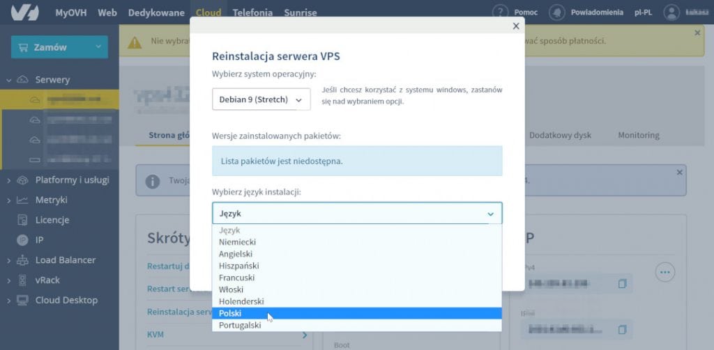 OVH VPS język instalacji