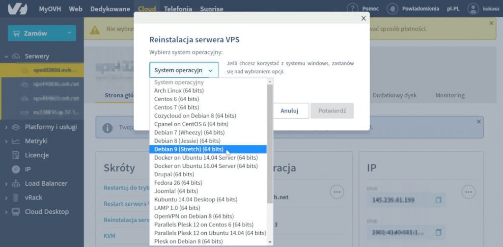 OVH VPS system operacyjny